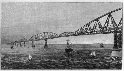 Übersicht über die Brücke über den Ärmelkanal, Projekt einer Brücke, die Frankreich mit England verbindet. Gravur in „La Nature. Revue des sciences et de ses applications aux arts et à l