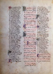 Seite mit Liedern, Texten und Musik, Miniatur aus „Le roman de Fauvel“ von Gervais de Bus