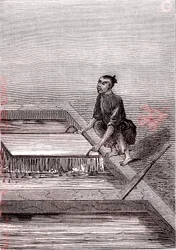 Papierbrei wird flüssig, Papierherstellung in China (3. Jahrhundert v. Chr.) (Gravur)