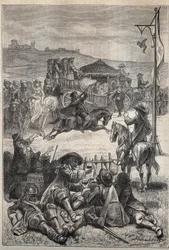 Papageienschießen - Illustration des 19. Jahrhunderts für den historischen Roman „Die Puritaner von Schottland“ (Old Mortality) von Walter Scott (1771-1832).