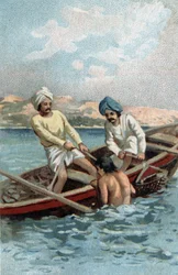 Perlenfischer in Ceylon. Chromolithographie aus dem späten 19. Jahrhundert