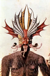Darstellung von Luzifer (Teufel) in Dantes „Divina Commedia“. Manuskript aus dem 14. Jahrhundert. Biblioteca Trivulziana, Mailand.