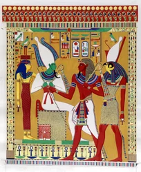 Pharao Merenptah I. (oder Mineptah, Merneptah) (1213-1204 v. Chr.) geführt von Horus in Anwesenheit von Osiris und Athyr infernal. Von links: Athyr, Osiris, Merenptah I. und Horus. (Biban-el-Moluk) - in „Denkmäler von Ägypten und Obernubien“ von Ippolito R