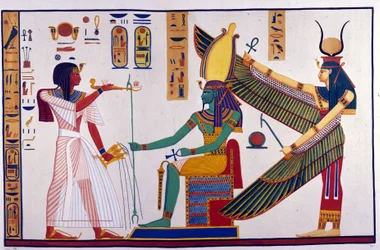 Pharao Ramses IV. macht Opfergaben an Ptah-Sokari-Osiris. Hinter Osiris steht Isis (Grab von Bibah-el-Moluk)