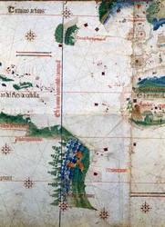 Planisphäre von Cantino: Karte von Alberto Cantino aus dem Jahr 1502, die die Grenzlinie des Vertrags von Tordesillas (1494) zwischen portugiesischem und spanischem Amerika darstellt. Biblioteca Estense, Modena
