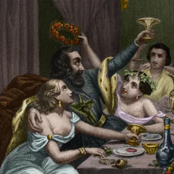 Papst Alexander VI. (1431-1503) (Alessandro, Rodrigo Borgia) feiert die Hochzeit seiner Tochter Lucrezia Borgia mit 50 Kurtisanen im Vatikan. Gravur von 1842 in „Histoire des popes: crimes, murders, poisonings, parricides“.