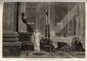 Papst Pius IX. (1792-1878) am Fuße der Statue von St. Peter, am Eingang der Basilika, im Vatikan. Gravur zur Illustration der Rom-Geschichte, von Francis Wey, 1864-1868, veröffentlicht in "le tour du monde"
