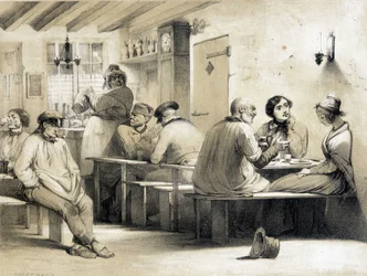 Beliebtes Hostel „Le Carpet Franc“. Illustration des 19. Jahrhunderts
