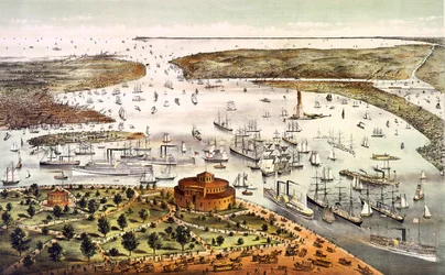 Hafen von New York; Luftansicht. Gravur um 1892