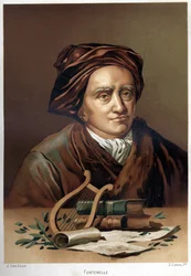 Porträt von Bernard Le Bouyer (Le Bovier) de Fontenelle (1657-1757). Chromolithographie Ende des 19. Jahrhunderts. basierend auf „La Ciencia y sus Hombres“ von Louis Figuier. Barcelona 1881