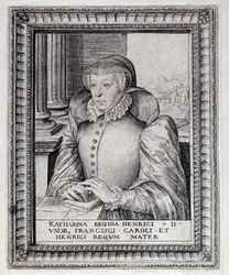 Porträt von Katharina von Medici (Caterina de Medici) (1519-1589), Königin von Frankreich. Kupferstich aus dem 16. Jahrhundert. Pau, Musee Du Chateau