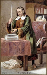 Porträt von Evangelista Torricelli oder Toricelli (1608-1647), italienischer Physiker, mit seiner Erfindung: dem Barometer (Quecksilberröhre).