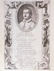 Porträt von Girolamo Frescobaldi (1583-1643) italienischer Komponist Stich aus dem Frontispiz der „Tocrate“-Partitur. 1637. Bologna, Museo civico Museo