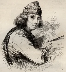Porträt von Jacques van Maerlant (Jacob van Maerlant) (1240-1300), flämischer Schriftsteller. Gravur von 1868 in „Histoire de Belgique von den frühesten Zeiten bis zum Ende der Herrschaft von Leopold I.“ von Théodore Juste. Private Sammlung