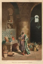 Porträt von Rhases (Rhazes, Razi, Al-Razi, Razis oder Rases) (840-923) persischer Wissenschaftler) in seinem Labor in Bagdad. Barcelona 1881