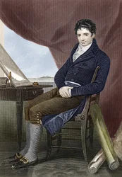 Porträt von Robert Fulton (1765 - 1815), amerikanischer Schiffbaumechaniker (Nautilus) (Gravur des 19. Jahrhunderts)