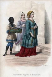 Porträt der Sibylle von Jerusalem (ca. 1160-1190), Prinzessin und spätere Königin von Jerusalem. Stich von 1842 aus „Histoire des papes“ von Maurice La Châtre. Privatsammlung.