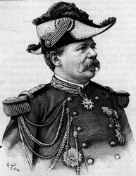 Porträt des französischen Generals François Perrier (1833-1888). Gravur in „La Nature: revue des sciences et de leurs applications aux arts et à l