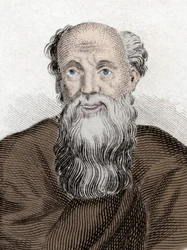 Porträt des griechischen Philosophen Demokrit (460-370 v. Chr.), Demokrit von Abdera. Gravur des 19. Jahrhunderts