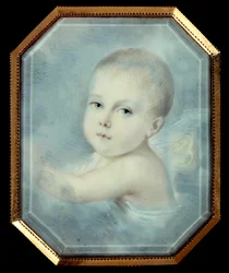 Porträt des Königs von Rom als Baby (1811-1832), Sohn von Kaiser Napoleon I (1769-1821) und zukünftiger Napoleon II. Anonymes achteckiges Medaillon des 19. Jahrhunderts. Aquarell unter Glas. Paris, Musée de la Légion d