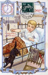 Postkarte zeigt den Tagesablauf eines Kindes. Um 7 Uhr wacht das Kind auf.