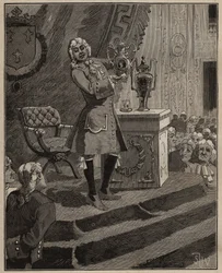 Töpferei: Pierre Joseph Macquer (1718-1784) präsentiert der Akademie das erste harte Porzellan, das 1769 von der Sevres-Fabrik in Frankreich hergestellt wurde. Gravur von 1885 in „Les arts et métiers illustrés“ von Adolphe Bitard.