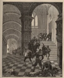 Töpferei: Zerstörung der „Henri II“-Fabrik während der Plünderung des Schlosses von Oiron (Deux Sevres) im Jahr 1568 während der Liga. Gravur von 1885 in „Les arts et metiers illustres“ von Adolphe BITARD