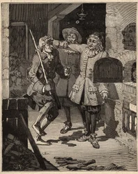 Töpferei: Pfeifenerde (feine Fayence). Der Engländer John Astbury (1688-1743) kam zu den Brüdern John Philip und David Elers, um ihnen das Geheimnis der neuen weißen Fayence zu stehlen. Gravur von 1885 in „Les arts et métiers illustrés“ von Adolphe Bitard.