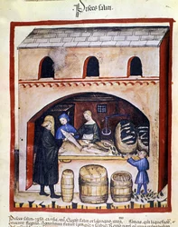 Zubereitung von schmutzigem Fisch. Beleuchtung aus dem "Tacuinum sanitatis"