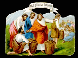Vermehrung der Brote. Chromolithographie des 19. Jahrhunderts