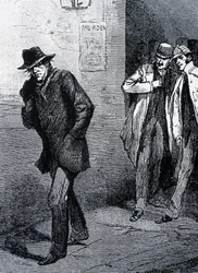 Psychose-Atmosphäre bei Nacht in den Straßen Londons (aufgrund der Morde von Jack the Ripper) - Ende des 19. Jahrhunderts, ca. 1888.