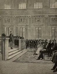 Königin Margherita von Savoyen (1851-1926) besucht ein Konzert im Istituto dei ciechi, Mailand, Italien, Zeichnung von E X aus L