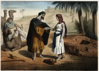 Rebecca und Eliezer am Brunnen: Eliezer von Damaskus, beauftragt, eine Frau für Isaak in Mesopotamien zu finden, bringt Rebecca zurück. Anonyme Gravur des 19. Jahrhunderts.