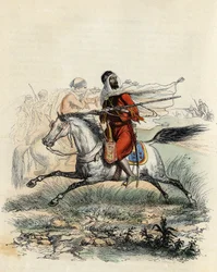Rote Reiter von Emir Abd-el-Kader, verfolgt von berittenen Jägern der französischen Armee in Oran 1841, in „L