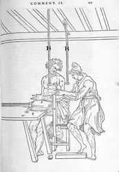 Reduktion von Frakturen. Illustrierte Tafel aus „De dissectione partium corporis humani libri tres...“ von Carlo Stefano Riverio, Paris 1545
