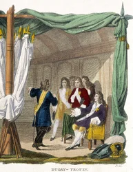 René Duguay-Trouin (René Trouin du Gué genannt) (1673-1736) vor König Ludwig XIV. (1638-1715). Gravur aus dem 19. Jahrhundert.