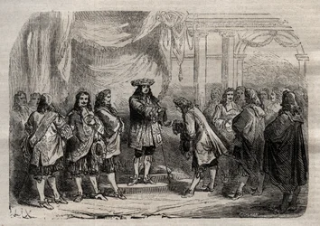René Duguay Trouin (Duguay-Trouin) (René Trouin du Gué genannt) (1673-1736) erhält das Kreuz von Saint-Louis aus den Händen von König Ludwig XIV. - Gravur in „Dictionnaire populaire illustré“ - 1864 - von Joseph Decembre und Edmond Allonier