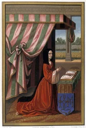Darstellung der als Anne de Beaujeu bekannten Anne de France (1461-1522) beim Gebet. Sie ist die Tochter Ludwigs XI. und Charlottes von Savoyen. Chromolithografie nach einer Buchmalerei.