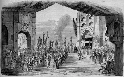 Aufführung von Don Carlo, Oper in 5 Akten von Giuseppe Verdi an der Pariser Oper am 11. März 1867. Der Autodafé, 3. Akt, Dekor von Cambon und Thierry. Gravur von 1867.