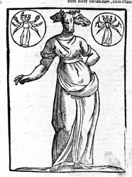 Darstellung der Hekate, einer bösen griechischen Gottheit, die an Wegkreuzungen aufgestellt wurde und gewöhnlich drei Köpfe hatte. Kupferstich aus dem 17. Jahrhundert.