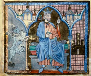 Darstellung von König Ferdinand III. von Kastilien oder Heiliger Ferdinand (1199-1252). Miniatur aus dem Manuskript „Index der königlichen Privilegien“ fol. 66 v. 13. Jahrhundert, Santiago de Compostela, Archive der Kathedrale