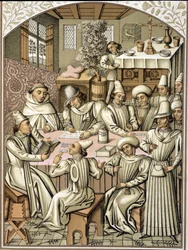 Darstellung von Beamten im 14. Jahrhundert. Chromolithographie aus dem Rechnungsbuch der Bruderschaft „Dio e Nostra Signora“