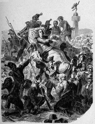 Revolution 1848: „Der Erzbischof Denis Affre (1793-1848) wird verwundet und auf einer Trage getragen im Jahr 1848.“