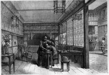 Reicher Chinese bei seinem Friseur. Gravur in „The Youth Journal“