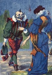 Riquet stellt sich der Prinzessin erneut vor. Illustration für „Riquet mit der Locke“, Märchen von Charles Perrault (1628-1703), französischer Schriftsteller. Anonyme Illustration. Bild von Marcel Vagne, Jarville Nancy, undatiert (spätes 19. Jahrhundert)