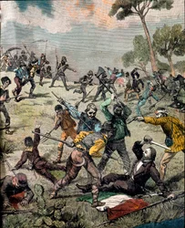 Risorgimento: Der italienische Revolutionär Carlo Pisacane wird am 28.06.1857 von Bauern in Sapri überfallen. Gravur, Privatsammlung