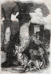 Rodomont massakriert die Bewohner von Paris - Gravur von 1851 aus „Roland der Rasende“ (Orlando furioso) (16. Jahrhundert) von Ludovico Ariosto, bekannt als der Ariosta - Ausgabe, übersetzt aus dem Italienischen von Graf von Tressan und veröffentlicht von 