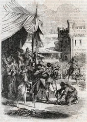 Roger (Ruggero, Ruggiero) fordert Rodomont (Rodomonte) zum Kampf heraus - Gravur von 1851 aus „Roland der Rasende“ (Orlando furioso) (16. Jahrhundert) von Ludovico Ariosto, bekannt als der Ariosta - Ausgabe, übersetzt aus dem Italienischen von Graf von Tre