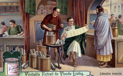 Römischer Buchhändler. Chromolithographie, Liebig-Bild.