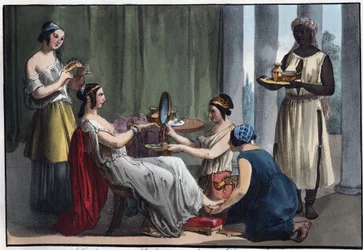 Römische Dame bei ihrer Toilette - Gravur aus „Usi e Costumi di Tutti i Popoli dell
